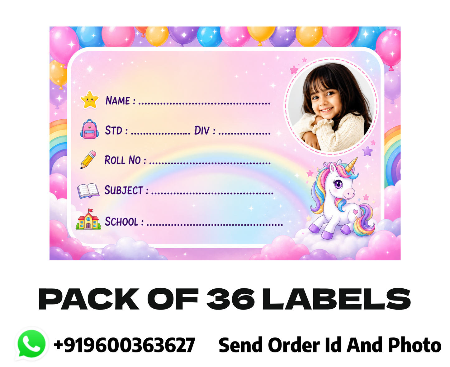 Custom Photo Unicorn School Name Labels – 7.62 × 5.08 cm (3 × 2 Inch) Personalized Waterproof Kids Notebook Stickers with Photo for School Books, Water Bottles & Accessories | Rainbow Unicorn Theme Pack of 36