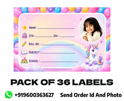 Custom Photo Unicorn School Name Labels – 7.62 × 5.08 cm (3 × 2 Inch) Personalized Waterproof Kids Notebook Stickers with Photo for School Books, Water Bottles & Accessories | Rainbow Unicorn Theme Pack of 36