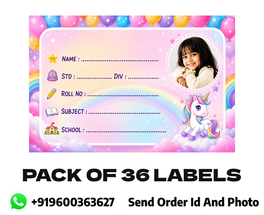 Custom Photo Unicorn School Name Labels – 7.62 × 5.08 cm (3 × 2 Inch) Personalized Waterproof Kids Notebook Stickers with Photo for School Books, Water Bottles & Accessories | Rainbow Unicorn Theme Pack of 36