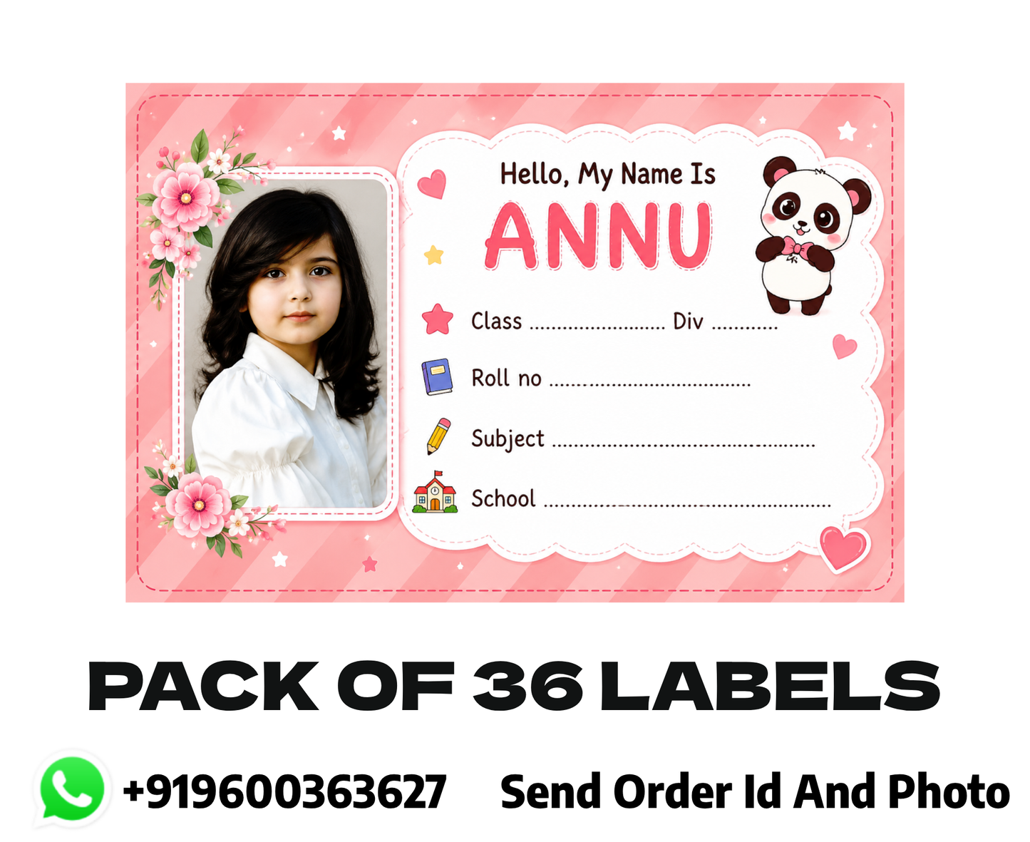 Custom Photo Panda School Name Labels – 7.62 × 5.08 cm (3 × 2 Inch) Personalized Waterproof Kids Notebook Stickers for School Books, Water Bottles & Accessories | Cute Pink Panda Theme Pack of 36