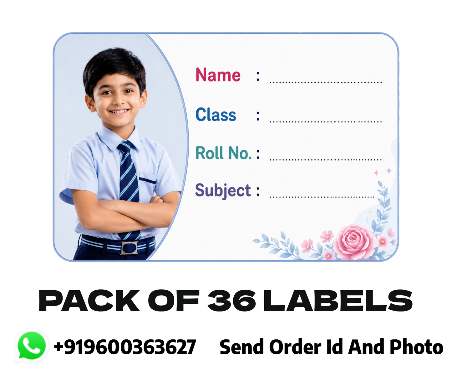 Custom Photo Floral School Name Labels – 7.62 × 5.08 cm (3 × 2 Inch) Personalized Waterproof Kids Notebook Stickers for School Books, Water Bottles & Accessories | Elegant Flower Theme Pack of 36