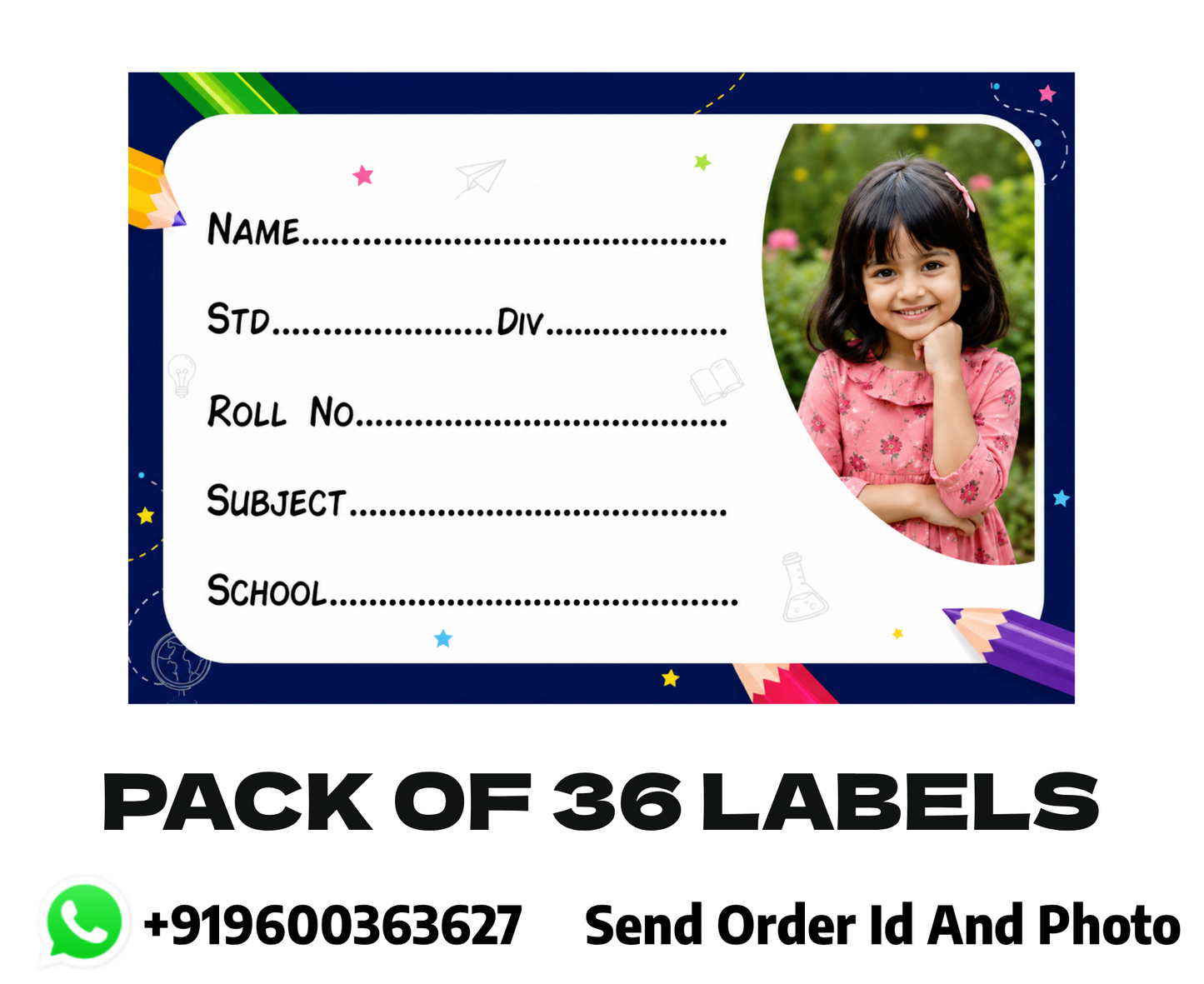 Custom Photo School Name Labels – 7.62 × 5.08 cm (3 × 2 Inch) Personalized Waterproof Kids Notebook Stickers for School Books, Water Bottles & Accessories | Creative Pencil Theme Pack of 36