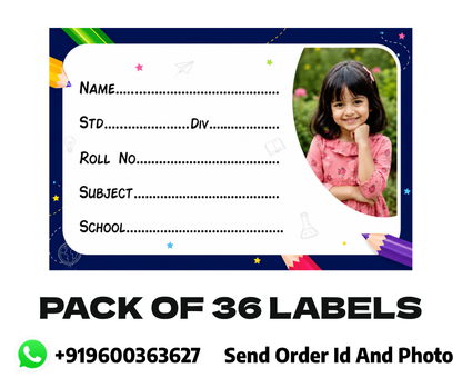 Custom Photo School Name Labels – 7.62 × 5.08 cm (3 × 2 Inch) Personalized Waterproof Kids Notebook Stickers for School Books, Water Bottles & Accessories | Creative Pencil Theme Pack of 36