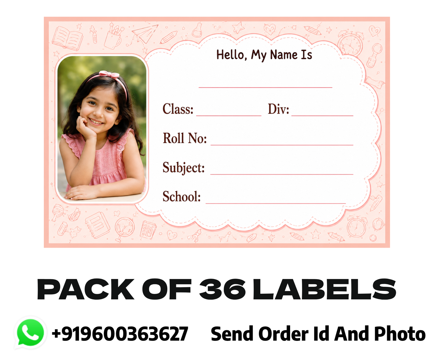 Custom Photo School Name Labels – 7.62 × 5.08 cm (3 × 2 Inch) Personalized Waterproof Kids Notebook Stickers for School Books, Water Bottles & Accessories | Elegant Pink School Theme Pack of 36