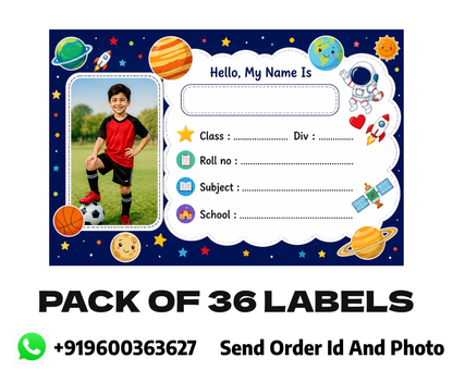 Custom Photo Space Theme School Name Labels – 7.62 × 5.08 cm (3 × 2 Inch) Personalized Waterproof Kids Notebook Stickers with Photo for School Books, Water Bottles & Accessories | Galaxy & Astronaut Design Pack of 36