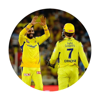 Smeeps Ravindra Jadeja & MS Dhoni CSK Sticker – 10.16 × 10.16 cm  Round Car & Bike Vinyl Decal | Chennai Super Kings Duo Celebration Design | Waterproof UV Resistant