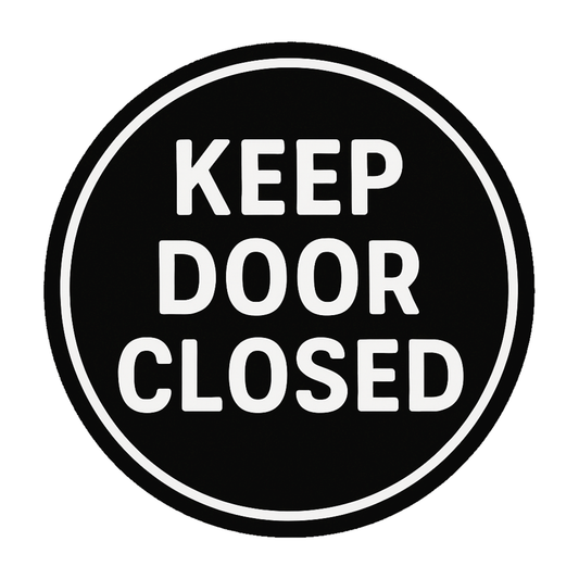 Smeeps Keep Door Closed Sticker – 11.43 x 11.43 cm Round Safety Vinyl Decal | High-Visibility Black & White Warning Label | Waterproof & Durable