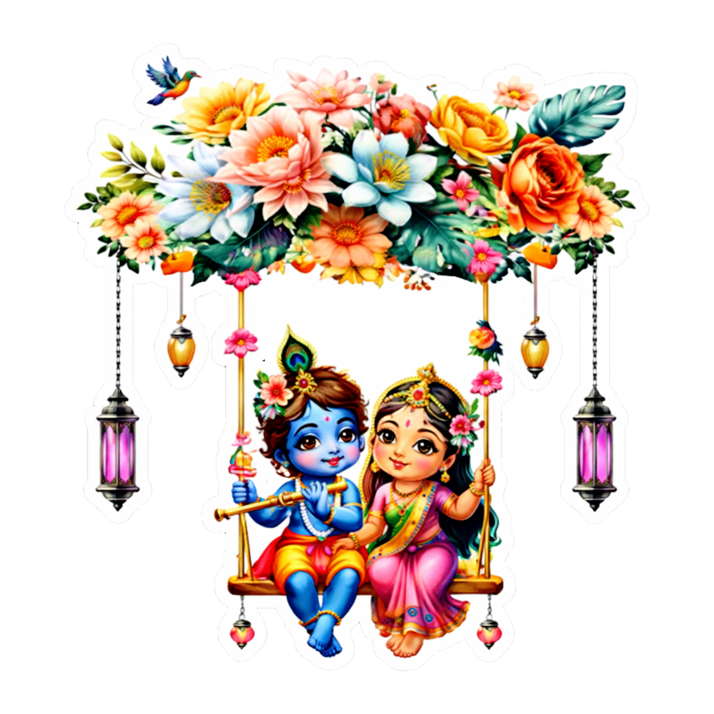 Smeeps Radha Krishna Swing Sticker – 10.16 × 10.93 cm (4 × 4.3 Inch) Premium Vinyl Decal | Cute Floral Krishna Radha Design | Waterproof UV Resistant Wash Proof | Pack of 1