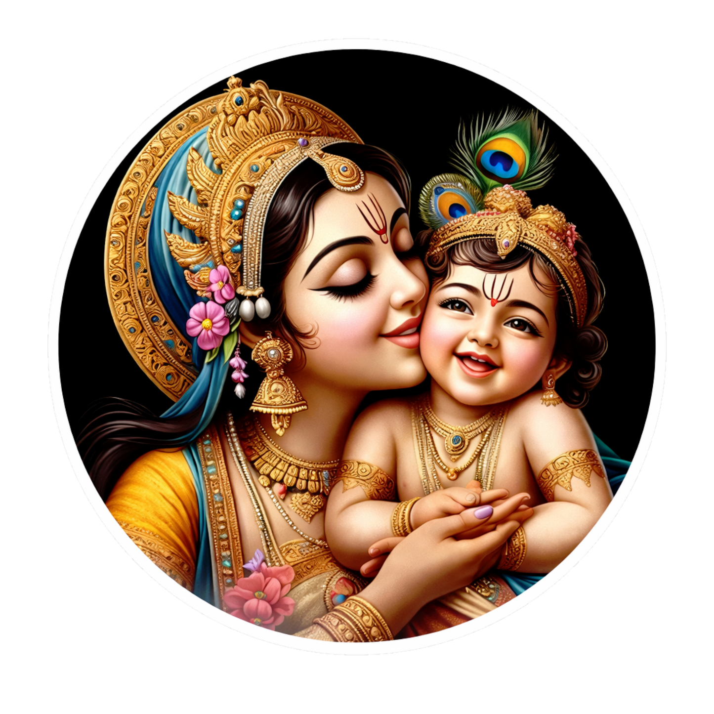 Smeeps Yashoda Krishna Vinyl Sticker – 10.16 × 10.16 cm (4 × 4 Inch) Premium Waterproof Devotional Round Decal | Mother Yashoda with Baby Krishna Design | UV Resistant Wash Proof | Pack of 1
