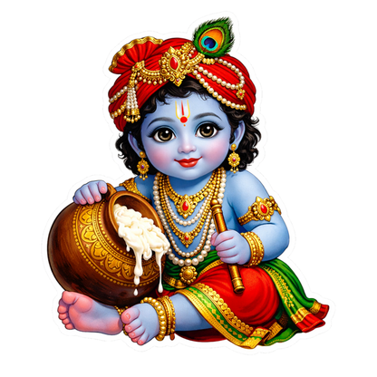 Smeeps Bal Krishna Vinyl Sticker – 11.43 × 9.66 cm (4.5 × 3.8 Inch) Waterproof Krishna Butter Pot Sticker | UV Resistant Cute Baby Krishna Decal for Car, Bike, Laptop & Wall | Pack of 1