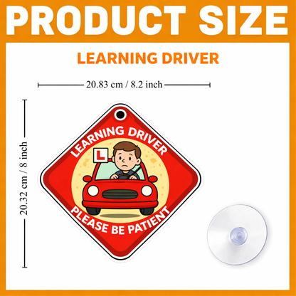Smeeps Learning Driver Please Be Patient Hanging Board – 20.32 × 20.83 cm (8 × 8.2 Inch) Waterproof Car Hanging Sign with Suction Cup | Learner Driver Safety Board for Cars