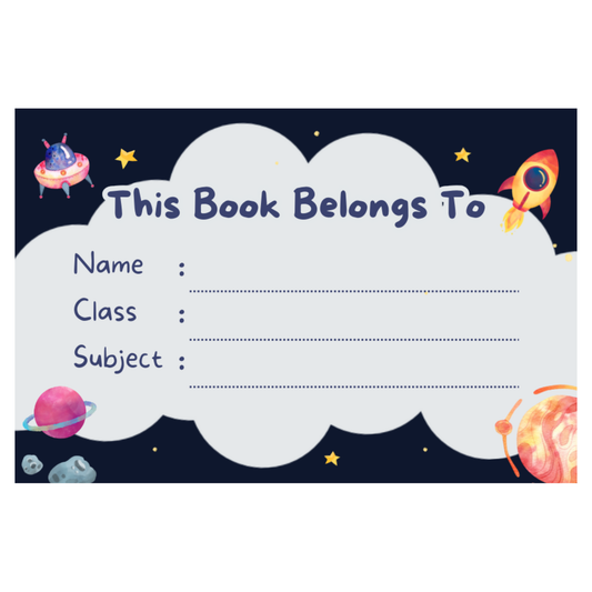 Pack of 24 |Smeeps Kids' Space-Themed Book Label Stickers – 7.62 x 5.08 cm – “This Book Belongs To” Writable Labels for School Notebooks | Name, Class, Subject Fields | Pack of Fun Learning Stickers
