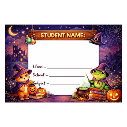 Smeeps Halloween Kids School Name Labels Sticker – 7.62 × 5.08 cm (3 × 2 Inch) Cute Witch Cat & Frog Writable Notebook Labels for Kids | Spooky Theme Sticker Pack of 10