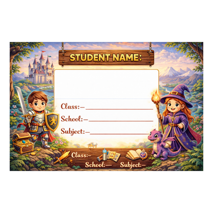 Smeeps Fantasy Adventure School Name Labels Sticker – 7.62 × 5.08 cm (3 × 2 Inch) Cute Knight & Wizard Writable Notebook Labels for Kids | Magical Kingdom Theme Sticker Pack of 10