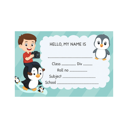 Smeeps Kids Name Label Sticker – 3.5 x 2 Inches | Pack of 10 | Cute Penguin & Boy Cartoon Design | Notebook, Textbook & School Supplies Name Tag Labels