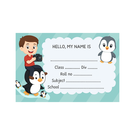 Smeeps Kids Name Label Sticker – 3.5 x 2 Inches | Pack of 10 | Cute Penguin & Boy Cartoon Design | Notebook, Textbook & School Supplies Name Tag Labels