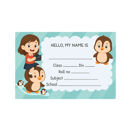 Smeeps Kids Penguin Name Label Stickers – 3.5 x 2 Inches Notebook Labels | Pack of 10 | Cute Girl & Penguin Design | School Name Tags for Books