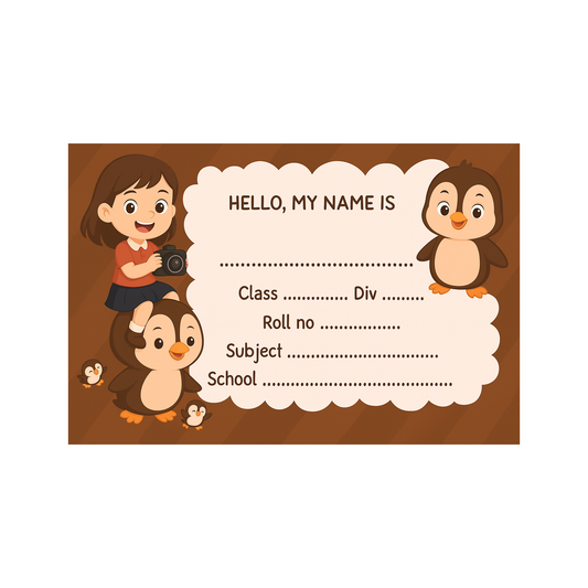 Smeeps Brown Penguin School Label – 3.5 x 2 Inch Name Sticker for Books & Notebooks | Cute Kids ID Label | Writable School Tag | Pack of 10
