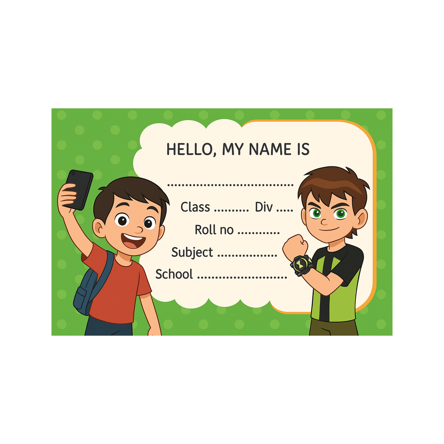 Smeeps Boys School Label Stickers – 3.5 x 2 Inch Name Slip for Books & Notebooks | Pack of 10 | Green Cartoon Theme for Kids