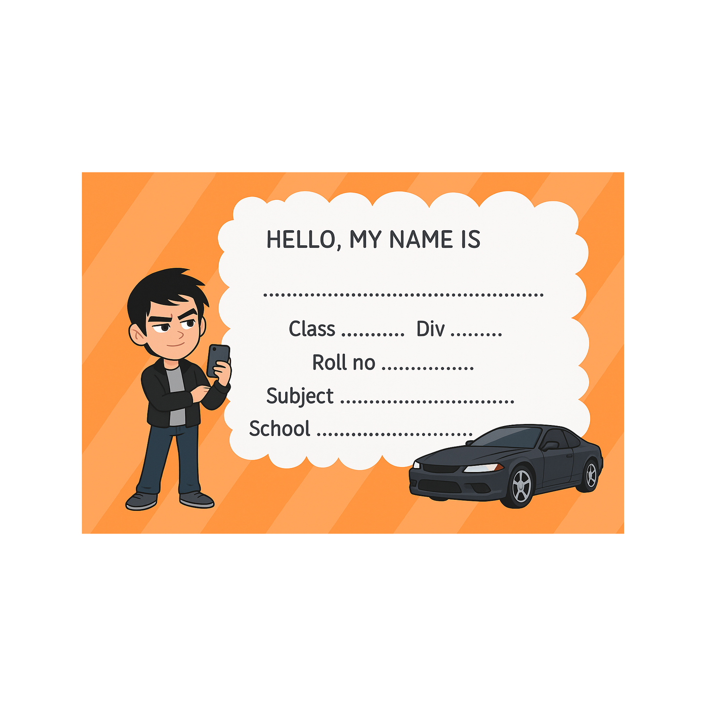 Smeeps Premium School Name Label Stickers – 3.5 x 2 Inches Personalized Tag for Books & Notebooks | Boy with Car Theme | Waterproof Writable Labels (Pack of 10)