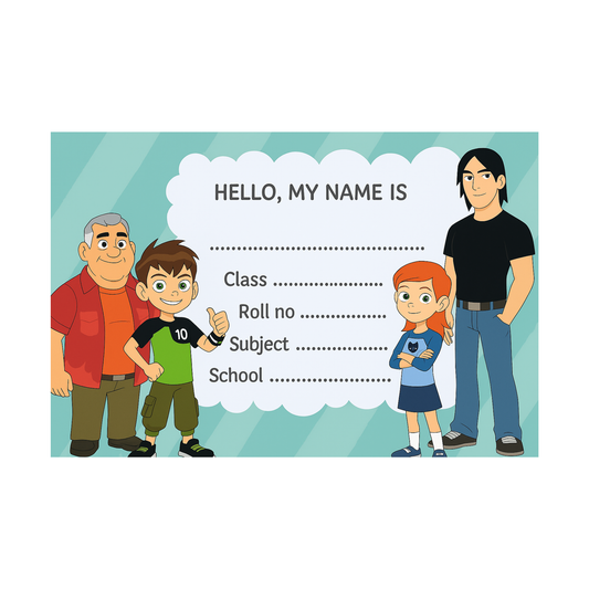 Smeeps Ben 10 Family Notebook Labels – 3.5 x 2 Inches School Name Stickers | Kids Cartoon Theme | Waterproof & Writeable Label Set | Pack of 10