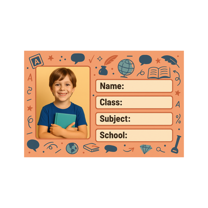 Smeeps Personalized School Book Label – Custom Photo Name Sticker for Kids | 3.5 x 2 Inch Orange Theme Notebook Labels | Pack of 10