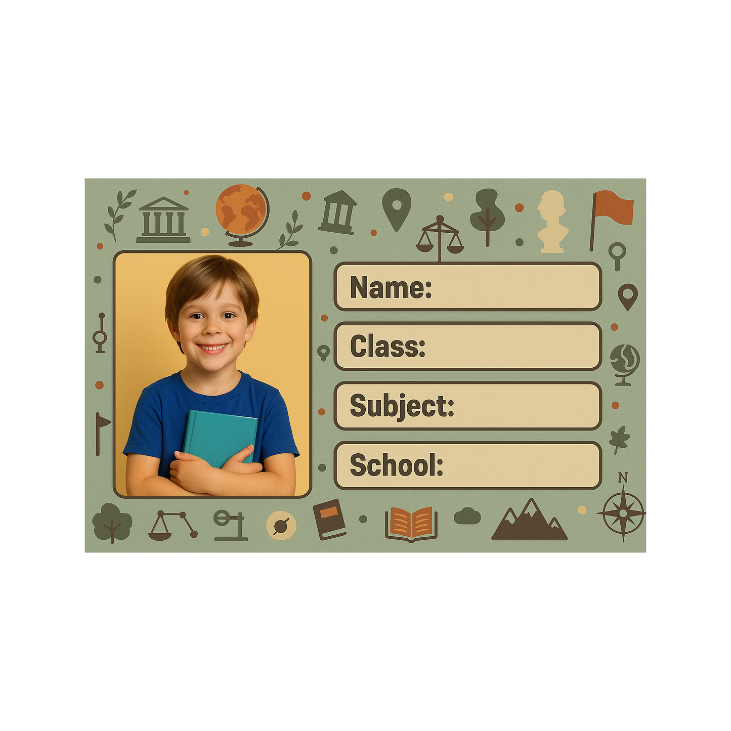 Smeeps Personalized School Book Label – Custom Photo Name Sticker for Kids | History & Social Science Theme | 3.5 x 2 Inch Notebook Labels | Pack of 10