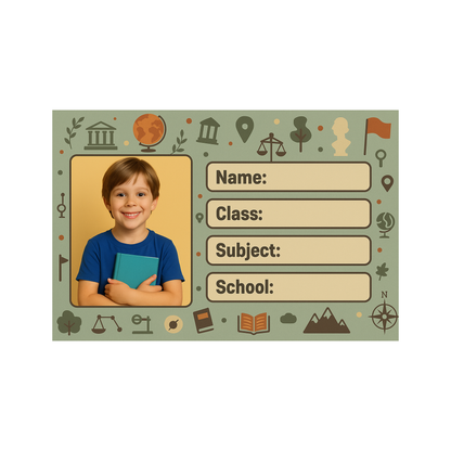 Smeeps Personalized School Book Label – Custom Photo Name Sticker for Kids | History & Social Science Theme | 3.5 x 2 Inch Notebook Labels | Pack of 10