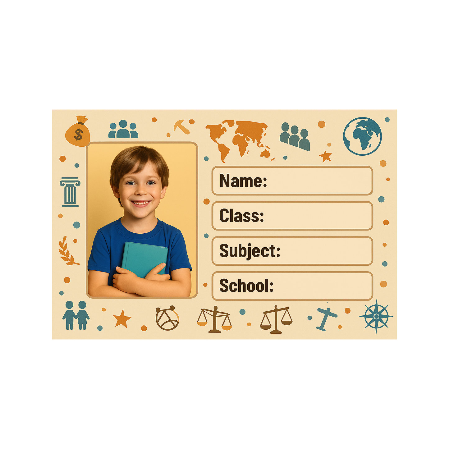 Smeeps Personalized School Book Label – Custom Photo Name Sticker for Kids | 3.5 x 2 Inch Notebook Labels | Pack of 10 | Social Studies Theme