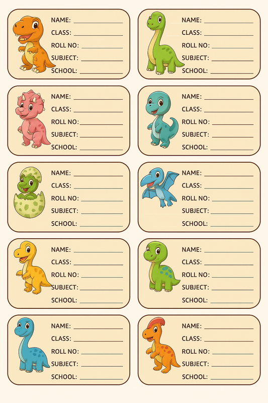 Smeeps Dinosaur School Book Label – Cute Cartoon Name Sticker for Kids | 3.5 x 2 Inch Notebook Labels | Pack of 10