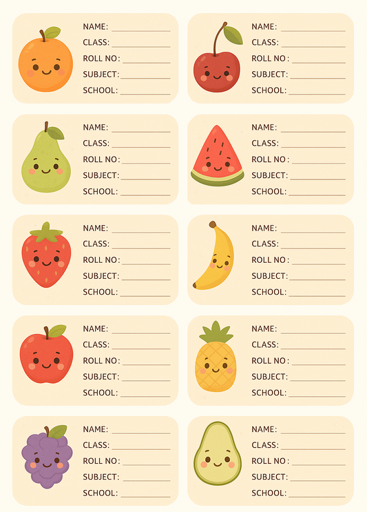 Smeeps Fruit Theme School Book Labels – Cute Cartoon Name Stickers for Kids | 3.5 x 2 Inch Notebook Labels | Pack of 10
