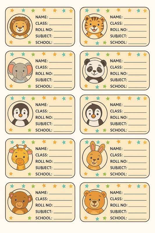 Smeeps Animal Theme School Book Labels – Cute Cartoon Name Stickers for Kids | 3.5 x 2 Inch Notebook Labels | Pack of 10