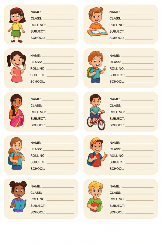 Smeeps School Book Labels for Kids – Cute Cartoon Name Stickers for Notebooks | 3.5 x 2 Inch Writable Labels | Pack of 10