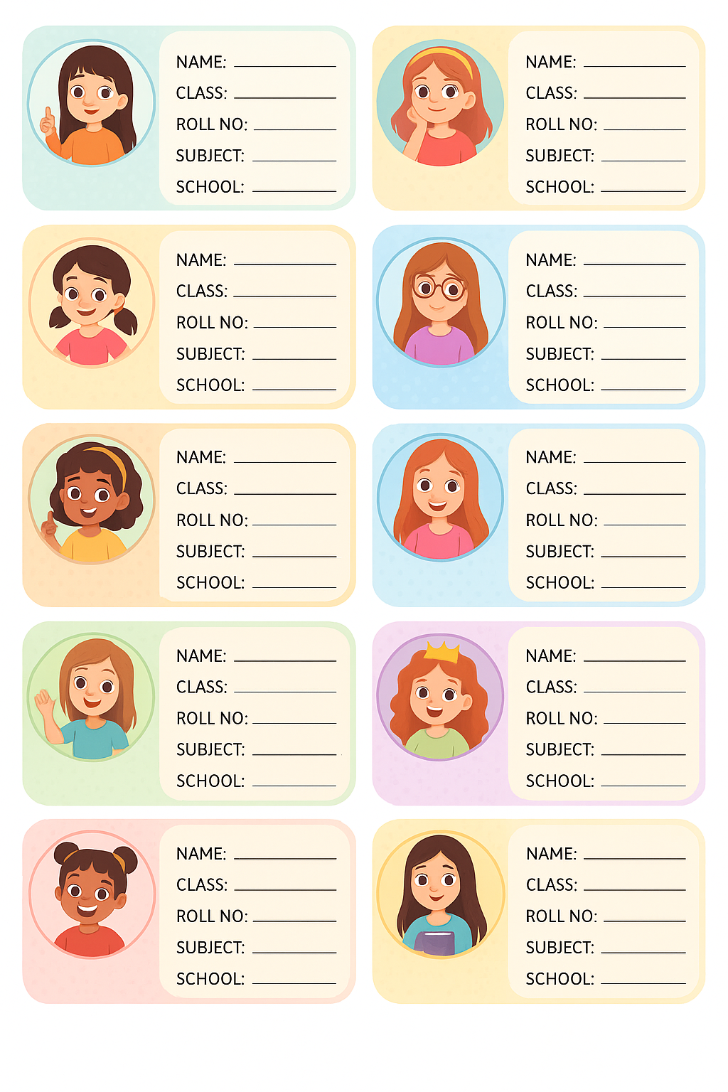Smeeps School Book Labels for Girls – Cute Cartoon Name Stickers for Notebooks | 3.5 x 2 Inch Writable Labels | Pack of 10
