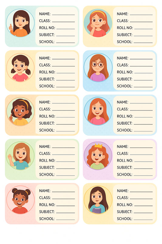 Smeeps School Book Labels for Girls – Cute Cartoon Name Stickers for Notebooks | 3.5 x 2 Inch Writable Labels | Pack of 10