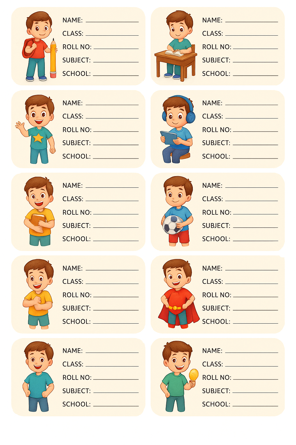 Smeeps School Book Labels for Boys – Cute Cartoon Name Stickers for Kids | 3.5 x 2 Inch Writable Notebook Labels | Pack of 10