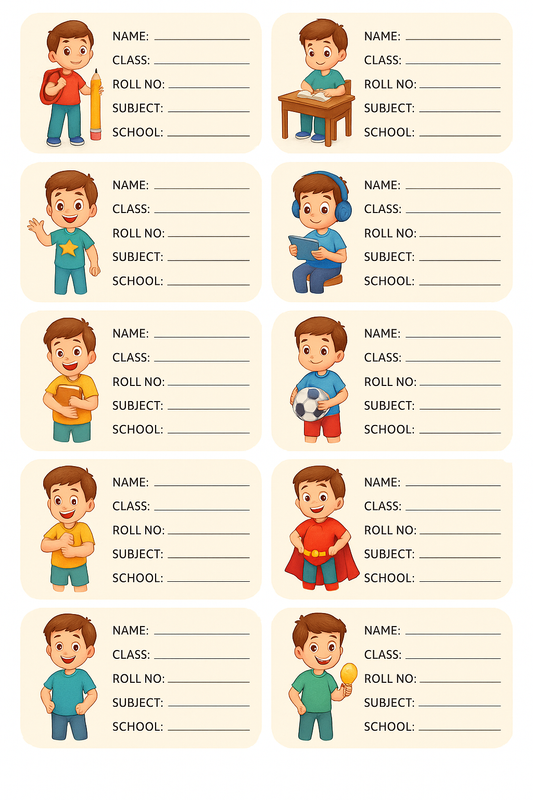 Smeeps School Book Labels for Boys – Cute Cartoon Name Stickers for Kids | 3.5 x 2 Inch Writable Notebook Labels | Pack of 10