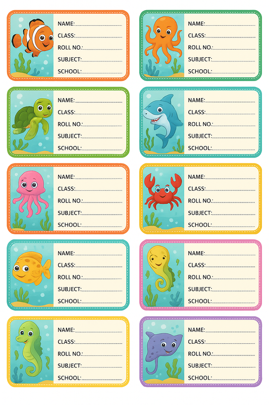 Smeeps Ocean Theme School Book Labels – Cute Sea Animal Name Stickers for Kids | 3.5 x 2 Inch Writable Notebook Labels | Pack of 10