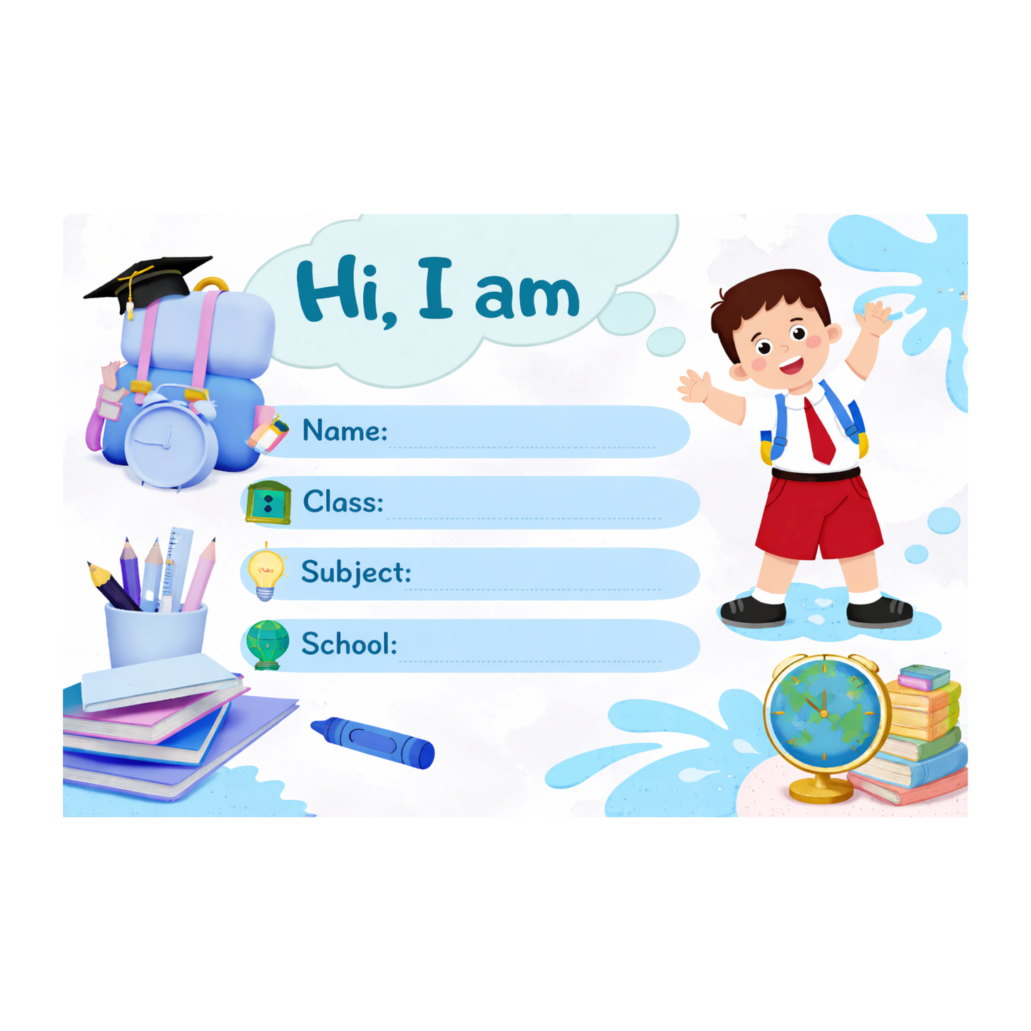 Smeeps Kids School Name Labels Sticker – 7.62 × 5.08 cm (3 × 2 Inch) Personalized Writable Notebook Labels for Students | Cute Cartoon School Stickers Pack of 10