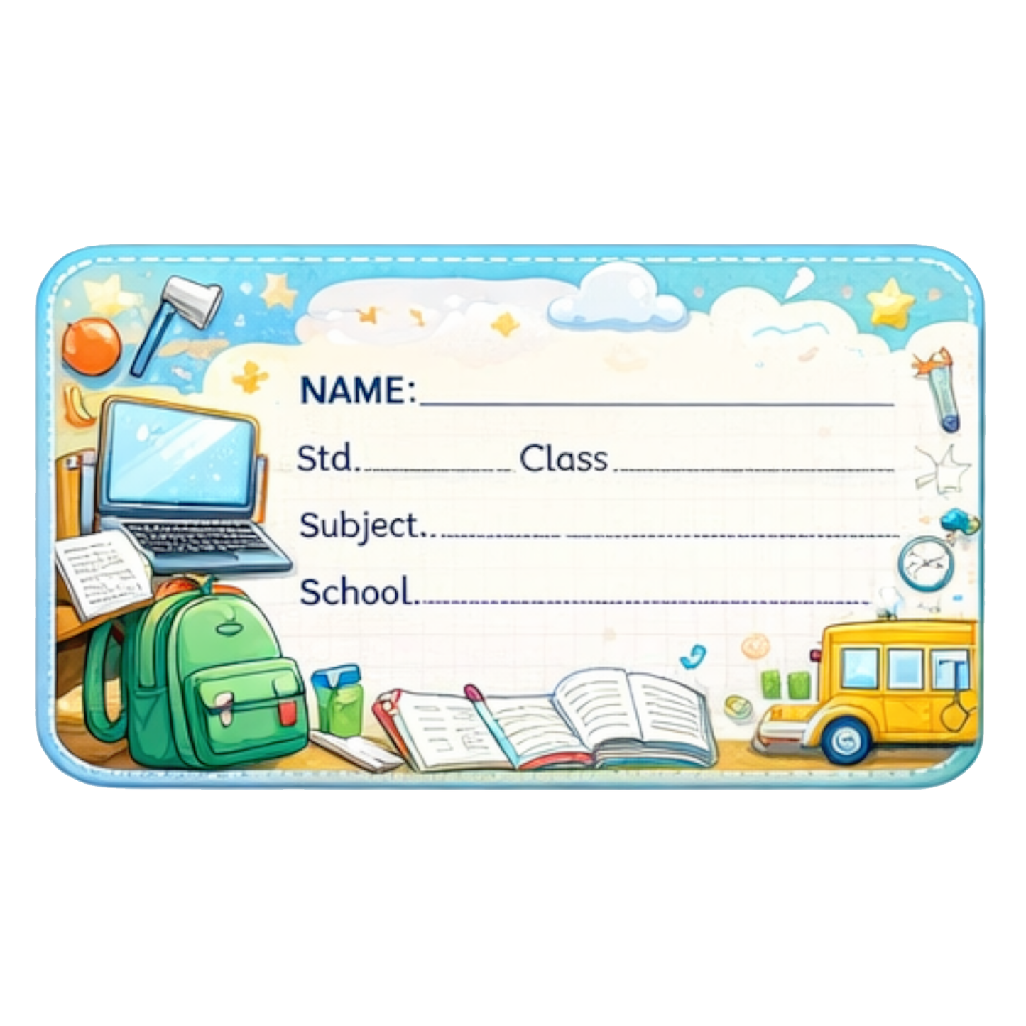 Smeeps School Supplies Theme Name Labels Sticker – 7.62 × 5.08 cm (3 × 2 Inch) Personalized Writable Notebook Labels for Students | Cute Study Essentials Design Pack of 10