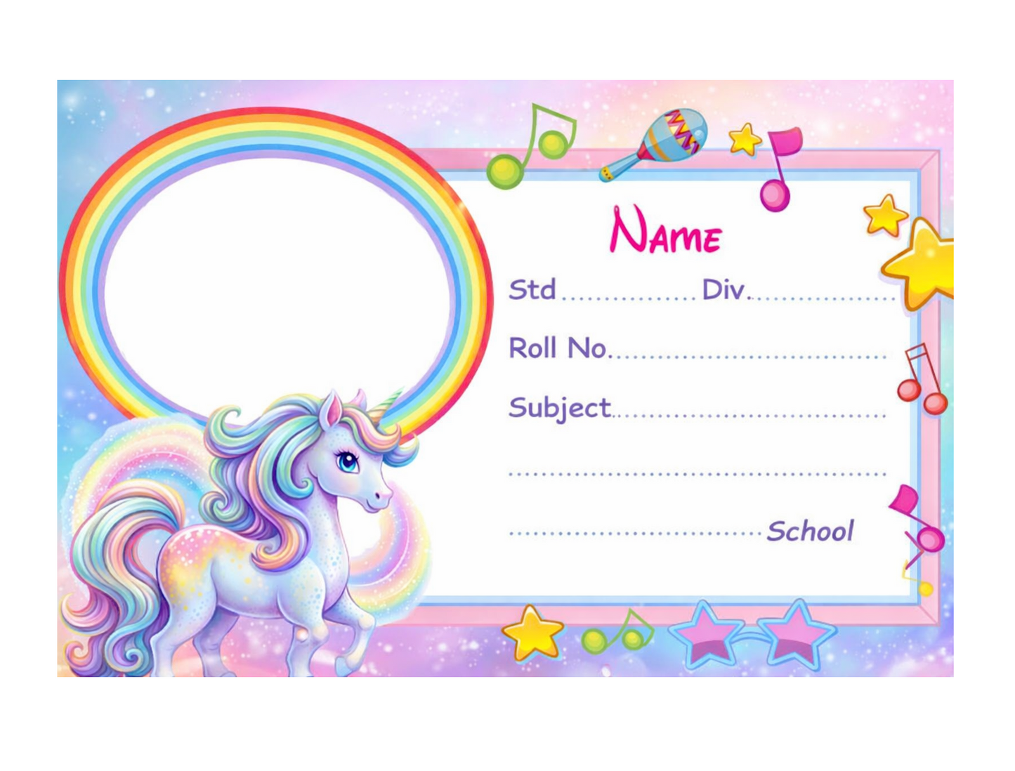 Smeeps Unicorn Rainbow Music Theme School Name Labels Sticker – 7.62 × 5.08 cm (3 × 2 Inch) Personalized Writable Notebook Labels for Kids | Cute Unicorn Photo Name Sticker Pack of 10