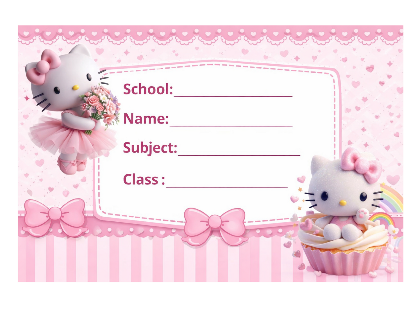 Smeeps Cute Kitty Pink Theme School Name Labels Sticker – 7.62 × 5.08 cm (3 × 2 Inch) Personalized Writable Notebook Labels for Kids | Kawaii Cartoon School Sticker Pack of 10