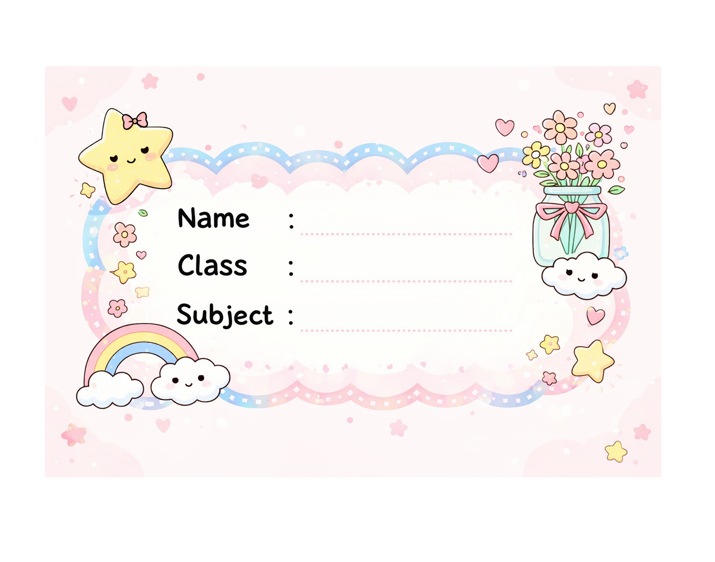 Smeeps Cute Pastel Rainbow School Name Labels Sticker – 7.62 × 5.08 cm (3 × 2 Inch) Personalized Writable Notebook Labels for Kids | Kawaii Cloud & Star Theme Sticker Pack of 10