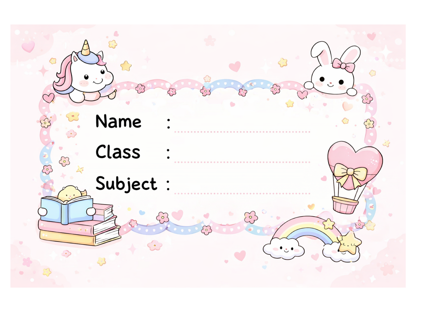 Smeeps Cute Unicorn & Bunny School Name Labels Sticker – 7.62 × 5.08 cm (3 × 2 Inch) Personalized Writable Notebook Labels for Kids | Pastel Kawaii Theme Sticker Pack of 10
