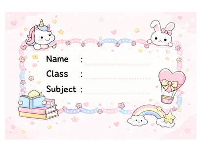 Smeeps Cute Unicorn & Bunny School Name Labels Sticker – 7.62 × 5.08 cm (3 × 2 Inch) Personalized Writable Notebook Labels for Kids | Pastel Kawaii Theme Sticker Pack of 10