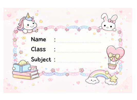 Smeeps Cute Unicorn & Bunny School Name Labels Sticker – 7.62 × 5.08 cm (3 × 2 Inch) Personalized Writable Notebook Labels for Kids | Pastel Kawaii Theme Sticker Pack of 10