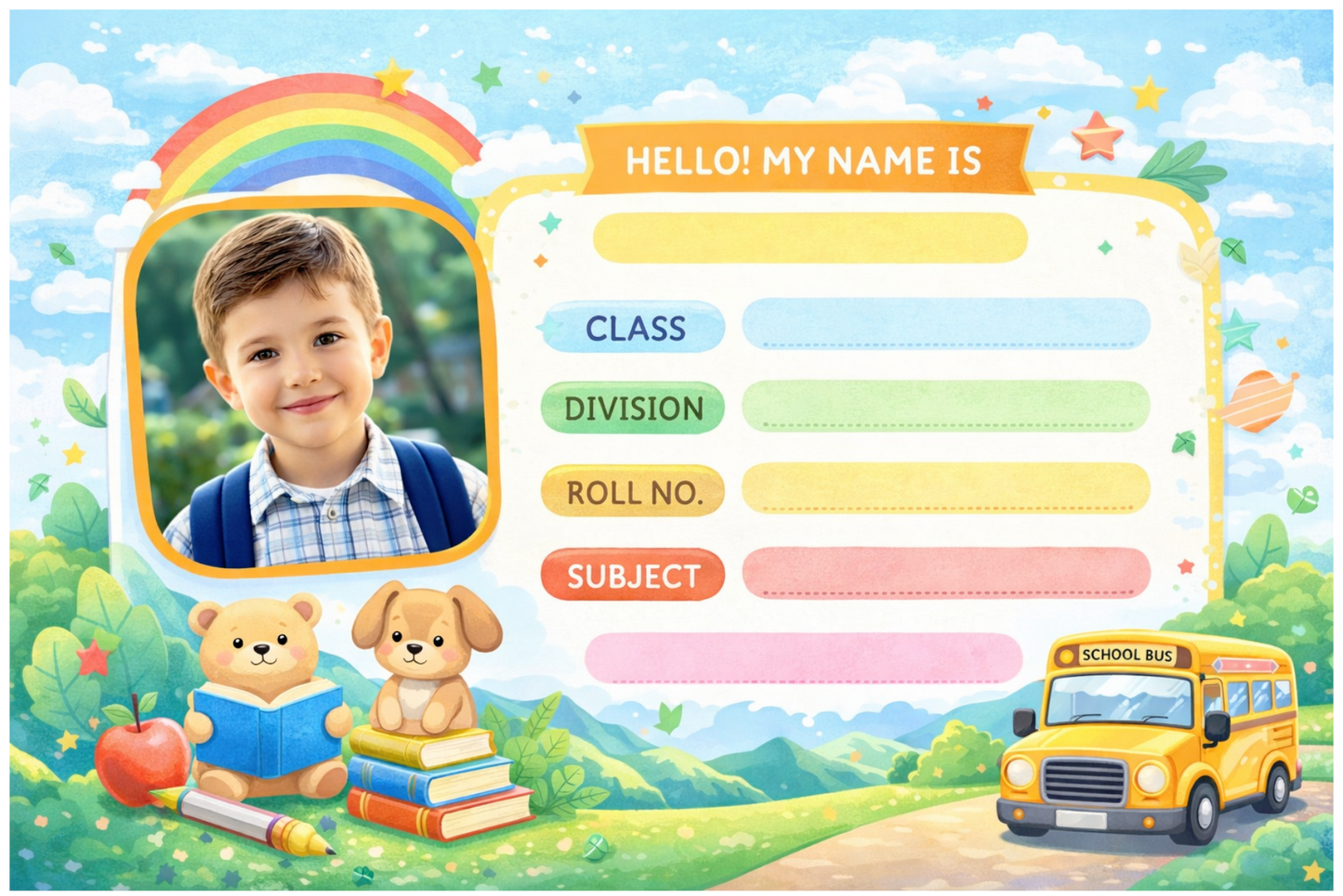 Smeeps Personalized School Label Stickers – Pack of 10 | 3 x 2 Inch Custom Name Labels with Photo | Cute School Theme with Rainbow & Bus | Waterproof Premium Finish