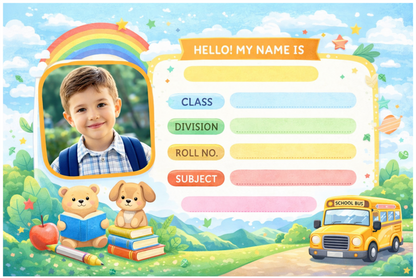 Smeeps Personalized School Label Stickers – Pack of 10 | 3 x 2 Inch Custom Name Labels with Photo | Cute School Theme with Rainbow & Bus | Waterproof Premium Finish
