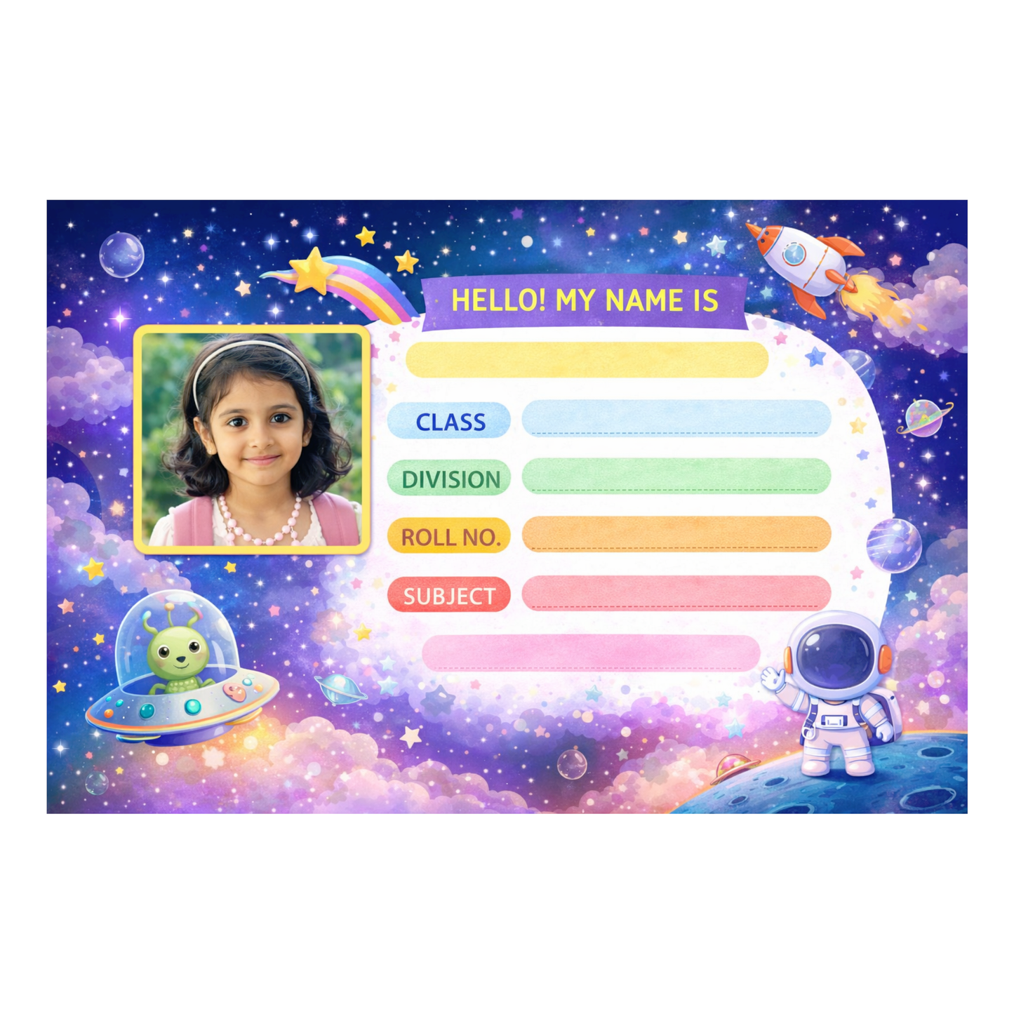 Smeeps Personalized Space Theme School Label Stickers – Pack of 10 | 3 x 2 Inch Custom Name Labels with Photo | Rocket, Astronaut & Galaxy Design | Waterproof Premium Finish