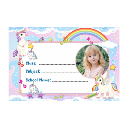 Smeeps Personalized Unicorn School Label Stickers – Pack of 10 | 3 x 2 Inch Custom Name Labels with Photo | Rainbow & Musical Unicorn Theme | Waterproof Premium Finish